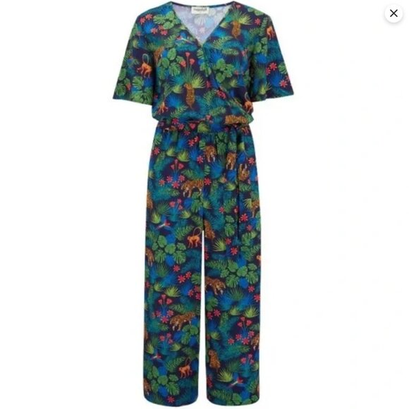 Sugarhill Brighton Jungle Floral Tiger Monkey Wrap Front Cropped Jumpsuit US 6 - Picture 8 of 10